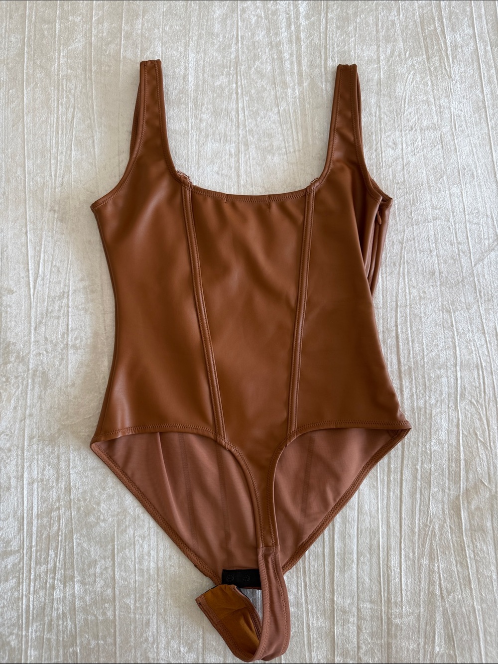NWOT Popilush Brown Faux-Leather Bodysuit - Picture 4 of 7